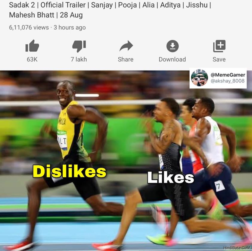 Sadak 2 trailer Dislikes vs Likes meme